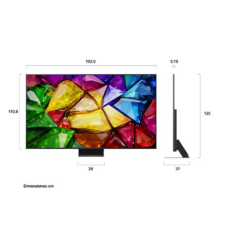 LG Mini RGB evo AI MRGB85 shown in front and side views highlights a 75-inch display with a 1677 mm-wide screen, a 966 mm screen height, a 1032 mm height with stand, a 51.6 mm depth, and a stand footprint measuring 1499 by 359 mm.